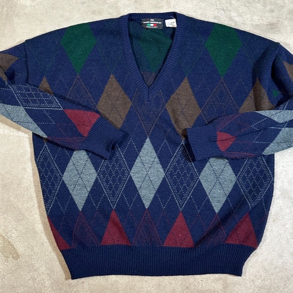 The Italian Sweater Mens Argyle V-neck Sweater Size Medium Acrylic Wool Italy